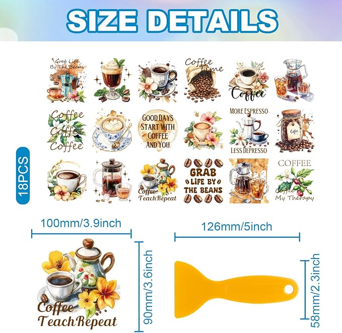 GLOBLELAND 18 Sheets Coffee Drinks Transfer Stickers 3.9x3.6inch Coffee Decals - Image 2