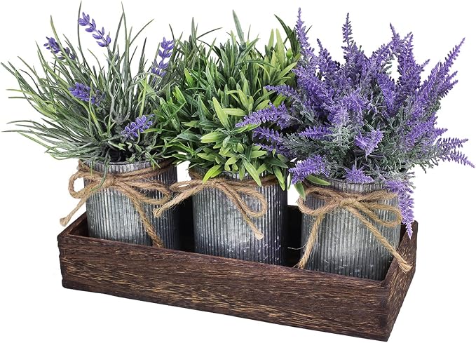 Set of 3 Small Potted Plants Arrangement Artificial Lavender and Grass Plants by Winlyn