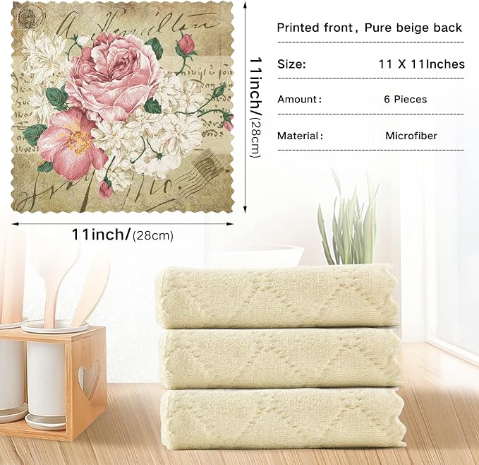ALAZA Dish Towels Kitchen Cleaning Cloths Vintage Shabby Chic Pink Rose Floral - Image 3