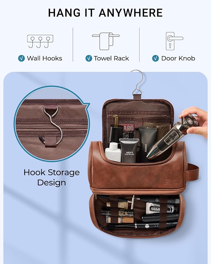 Elviros Toiletry Bag for Mens PU Leather Travel Organizer Kit - Image 6