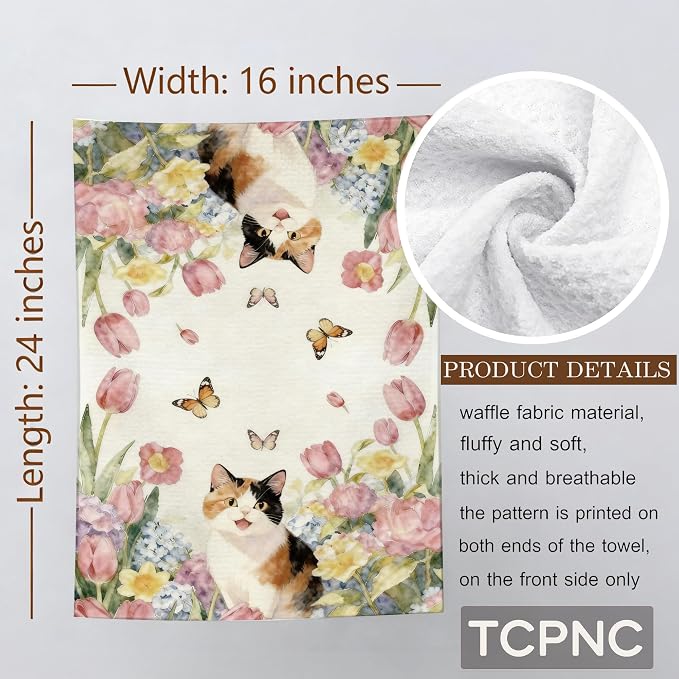 Cute Calico Cat Hand Towel, Hydrangea Cat Decorative Tea Towel - Image 7