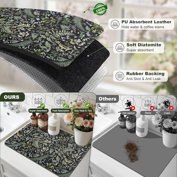 LOKHOM Dish Drying Mat for Kitchen Counter, Sage Green Plant Dish Drainer Rack - Image 6