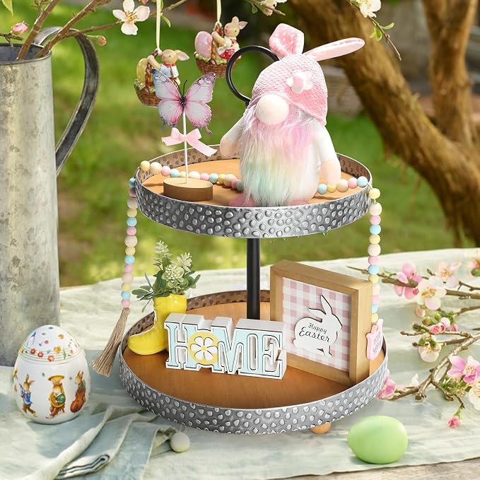 Wooden Two Tiered Tray Stand, Farmhouse Round 2 Tier Decorative Tray - Image 6