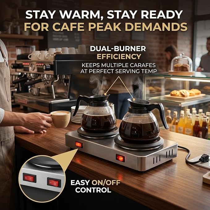 Dual Plate Coffee Warmer, Stainless Steel, 2 Burners Decanter Coffee Carafe - Image 6