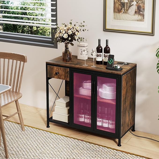Giantex Buffet Sideboard with Power Outlets and LED Light, Industrial Kitchen - Image 2