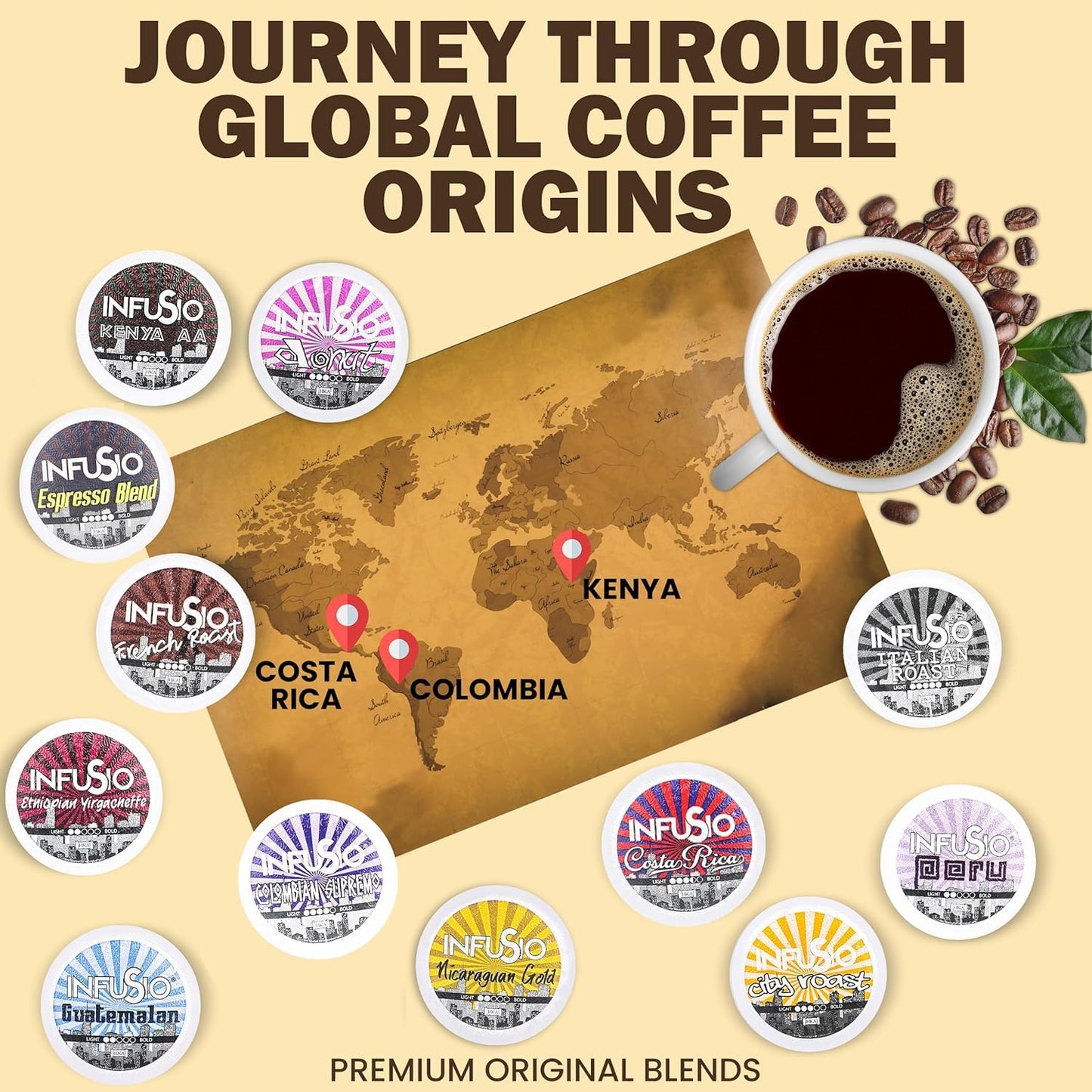 InfuSio Coffee Pods 96 Count Peru Medium Light Roast Single serve Coffee pods for Keurig K Cup® Brewers - InfuSio Premium Roasted Keurig 2.0 Compatible