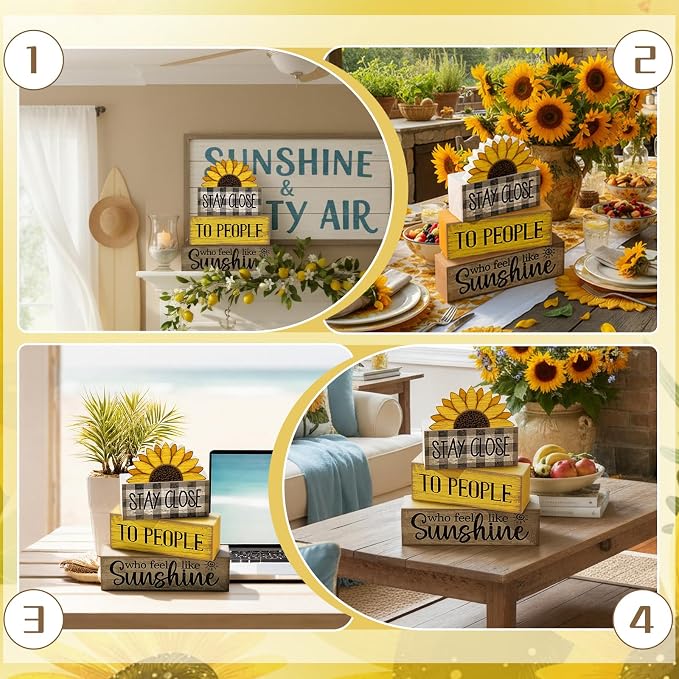 Lineshading 4 Pcs Farmhouse Sunflower Table Decorations Stackable Rustic Wooden - Image 6