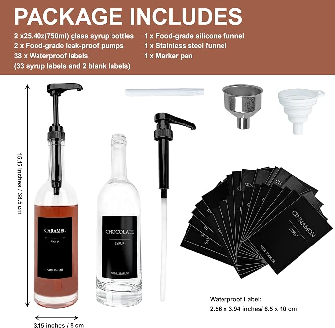 HCYWOC Coffee Syrup Dispenser, 25.4oz 750ml Glass Syrup Bottles, 2 Pack Syrup - Image 5