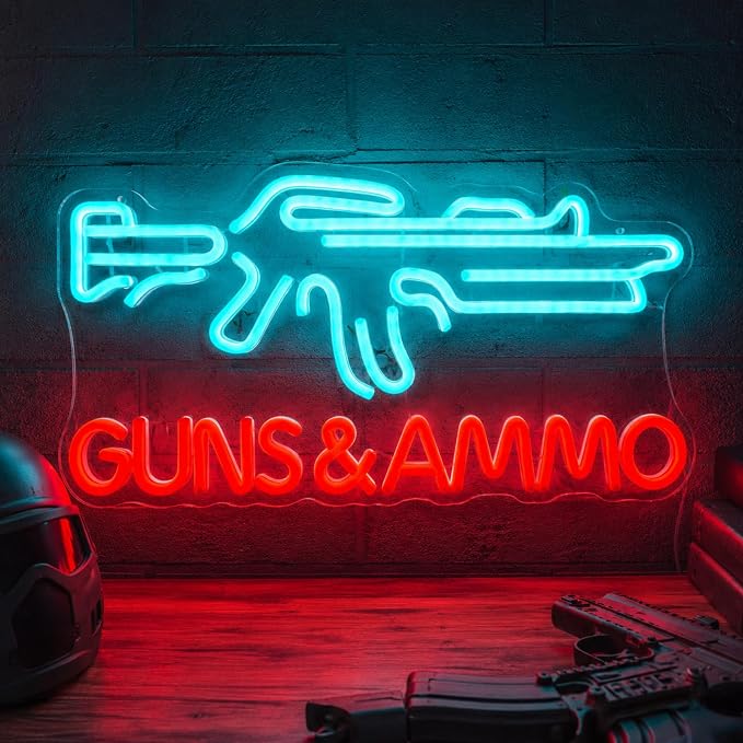 Guns & Ammo Neon Sign, Rifle Shaped Dimmable Dual Color LED Wall Decor by neonsign