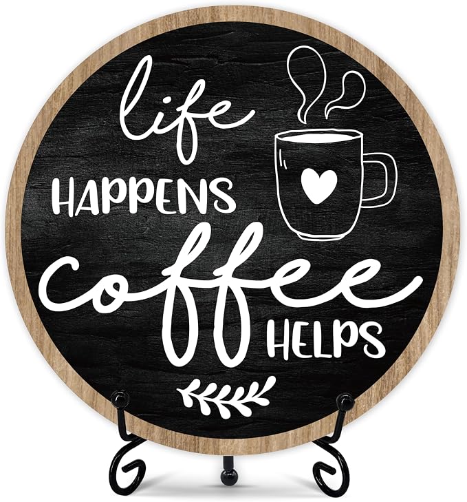 Coffee Bar Sign, Round Wooden Plaque, 6 Inches, Modern Style, Tabletop Mount by BXVRT