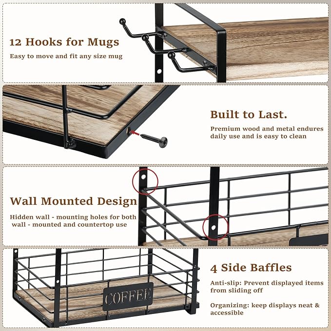 Coffee Mug Rack with 12 Hooks, 2-Tier Coffee Cup Holder with Shelf and Storage - Image 4