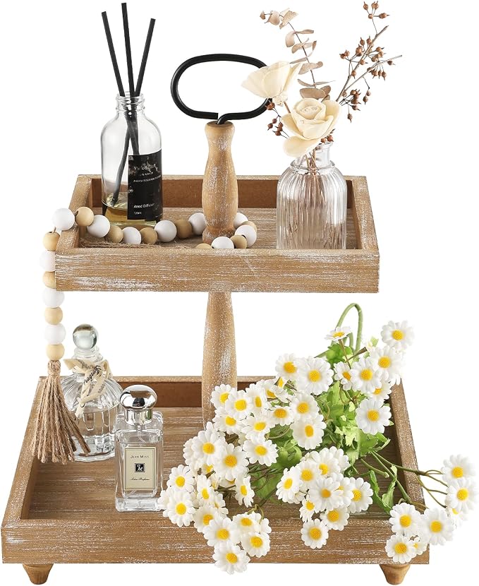 Tiered Tray Stand, Rustic Wooden 2 Tier Decorative Tray by SYNCVIBE