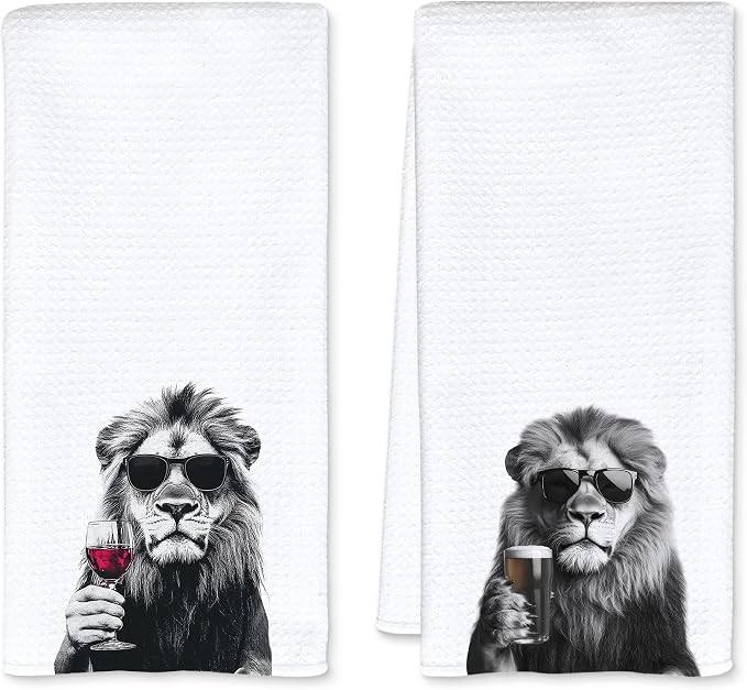 Funny Lion Kitchen Towels Set of 2, Funny Kitchen Decor, Wine Station Wine Bar by Unknown