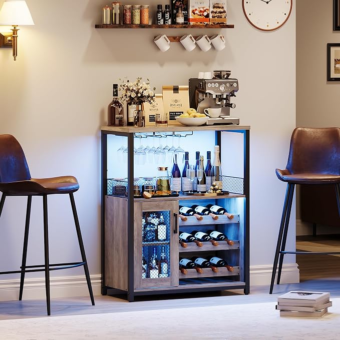 Jojoka LED Lighted 3-Tier Wine Bar Cabinet, Freestanding Sideboard Buffet by Jojoka