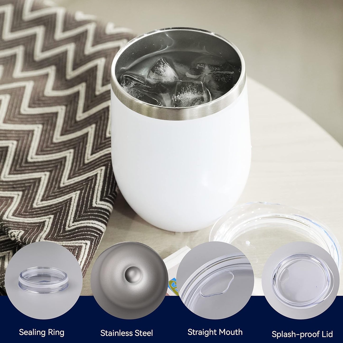 DOMICARE Stainless Steel Wine Tumbler Bulk with Lid, Personalized White Insulated Tumblers Set, 12oz Travel Coffee Cups Pack of 8