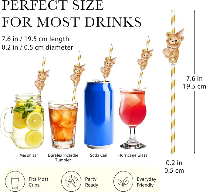Disposable Bear Drinking Straws, Woodland Baby Party Supplies, Birthday Party - Image 2