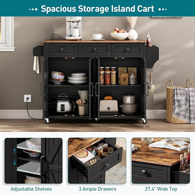 RALGEND Kitchen Island with Drop Leaf & Power Outlet, Rolling Kitchen Island - Image 3