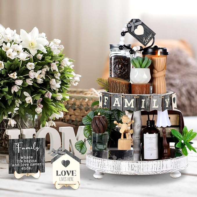 Mifoci 18 Pcs Farmhouse Tiered Tray Decor Home Wooden Signs Rustic Home Tiered - Image 2