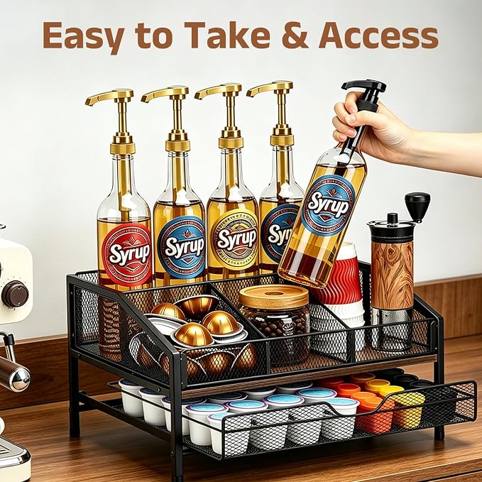 Coffee Bar Organizer, 2-Tier Coffee Station Organizer, Wood Coffee Syrup - Image 2