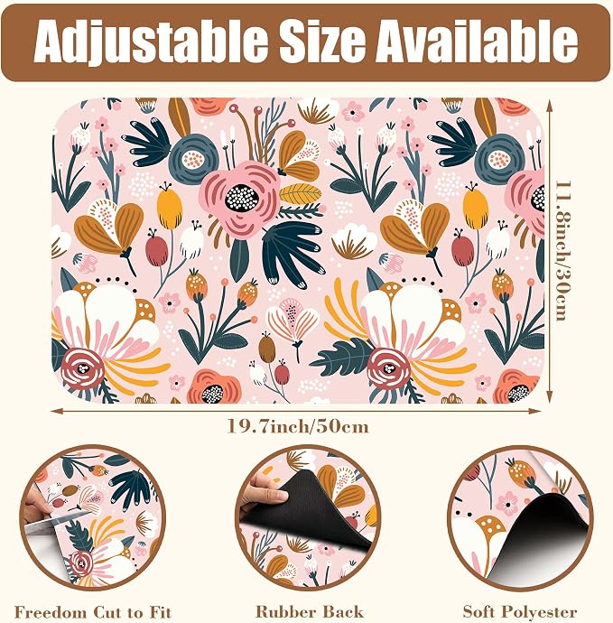 Dish Drying Mat Pink Flowers Berries Leaves Coffee Bar Mat - Image 2