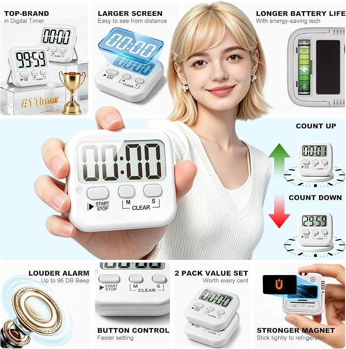 Antonki 2 Pack Digital Timer for Kids, Magnetic Countdown Kitchen Timers for - Image 4