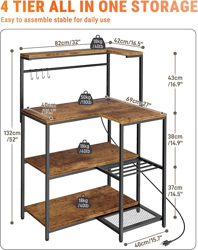 L-Shaped Bakers Rack with Power Outlet, 4-Tier Corner Kitchen Shelf, Microwave - Image 4