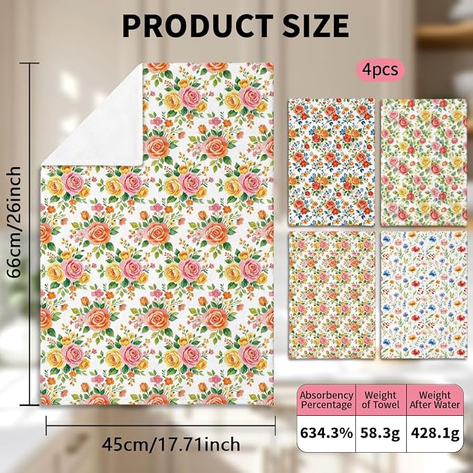 MAYJOYDIY 4 Pcs Vibrant Flowers Kitchen Towels Roses Daisy Wildflowers - Image 3