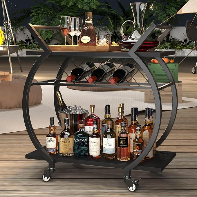 LVB Black Wine Cart with Wheels, Modern Bar Cart with Wine Rack, Industrial - Image 8