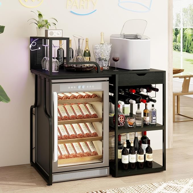 PUNCIA Wine Bar Cabinet with Mini Fridge Space & Outlet Pull-Out Drawer | by PUNCIA