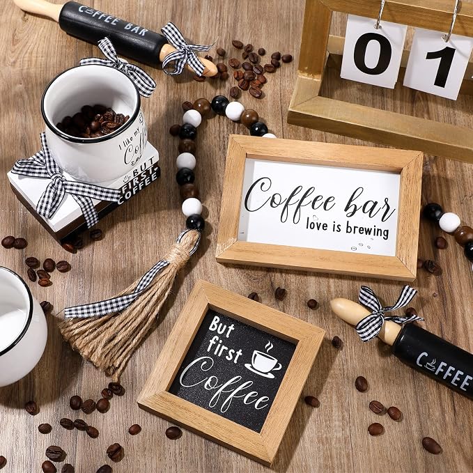 Yookeer 7 Pcs Coffee Tiered Tray Decor Set Mini Bar Art Display Framed Coffee - Image 5