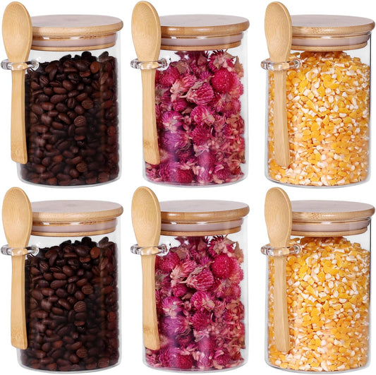 Glass Jars with Bamboo Lids and Spoon Set of 6, 17 OZ Coffee Sugar Container Set with Scoop, Overnight Oatmeal Jars Containers with Lids and Spoon for Loose Tea, Yogurt