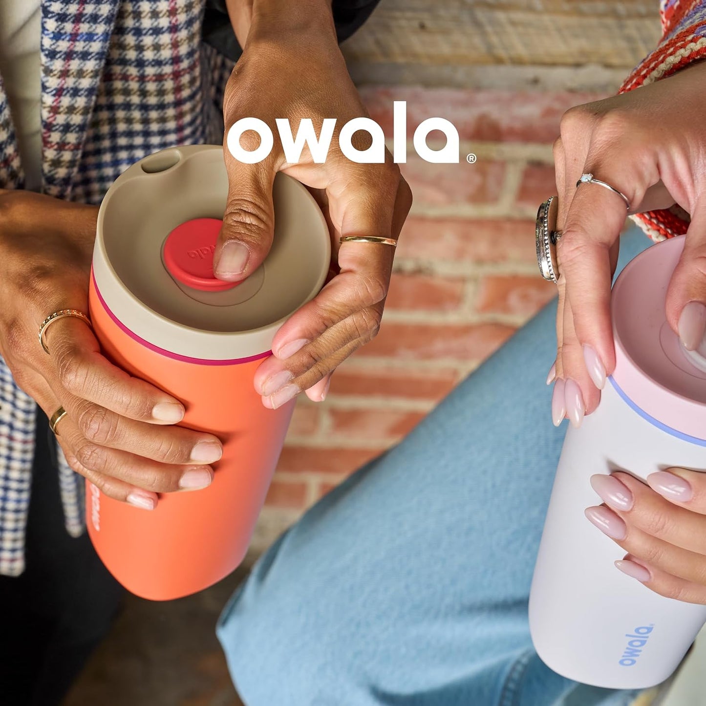 Owala SmoothSip Slider Insulated Stainless Steel Coffee Tumbler, Reusable Iced Coffee Cup, Hot Coffee Travel Mug, BPA Free 12 oz, Grey/Blue (Beachy Breeze)