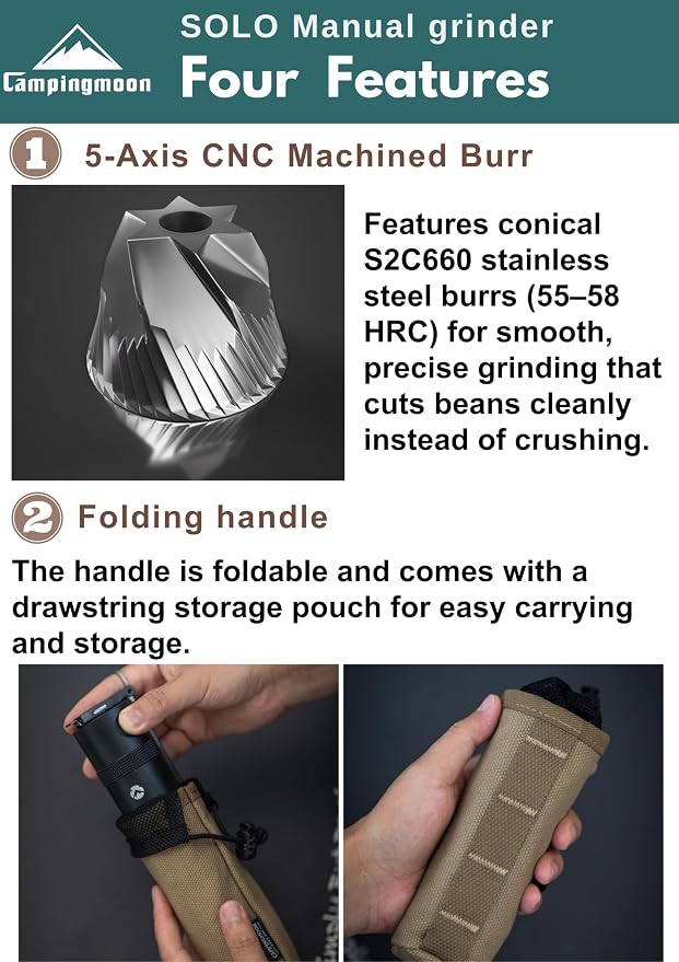 CAMPINGMOON Portable Manual Coffee Grinder Integrated Foldable Handle CNC - Image 4