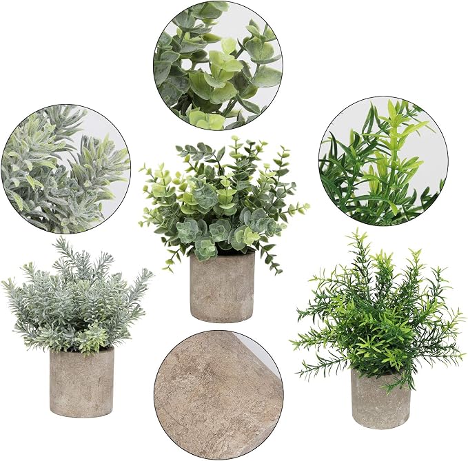 Mini Potted Plants Artificial Eucalyptus Boxwood Rosemary Faux Herbs Small - Image 3
