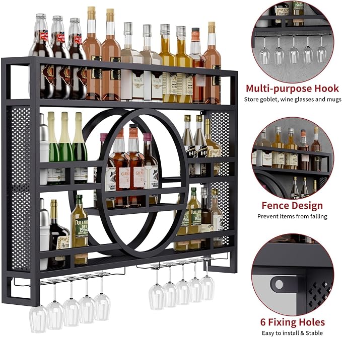 Boshen 3-Tiers 47in Wine Rack Wall Mounted, Floating Bar Shelves - Image 2
