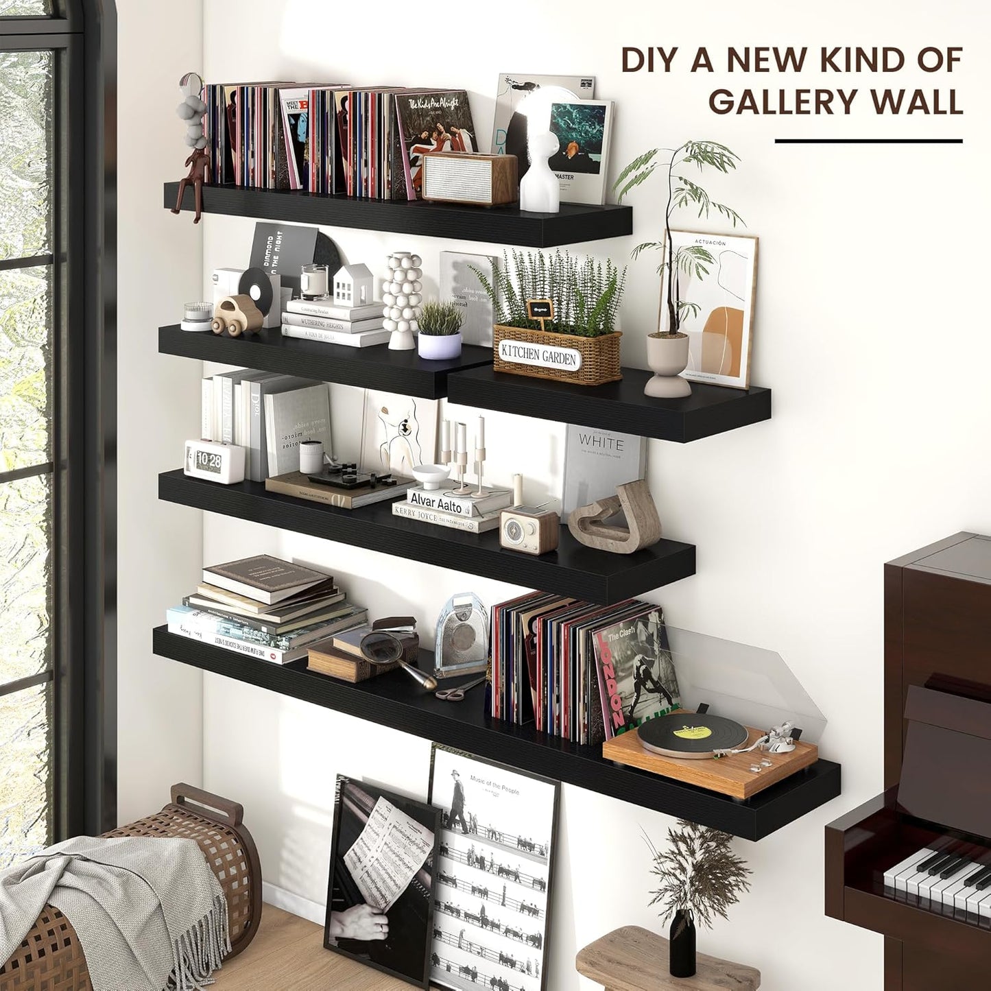 Floating Shelves for Wall, Large Wall Mounted Shelves with Invisible Brackets, Long Wood Floating Shelf Shelves for Living Room, Bedroom, Kitchen, (Black, 55" W x 9" D x 1.5" H)