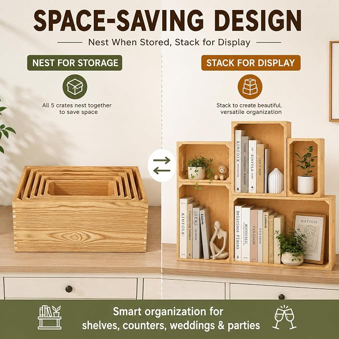 Wooden Crates for Display 5 Pack Rustic Nesting Wooden Basket - Image 4