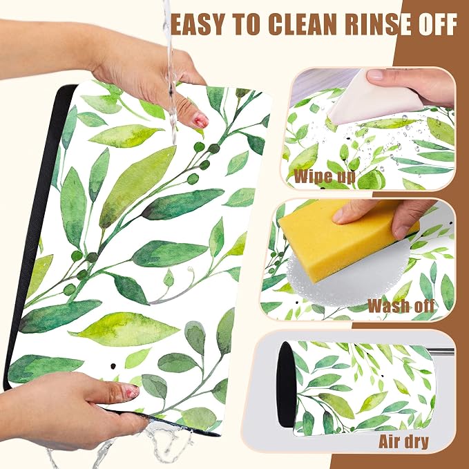 Dish Drying Mat Watercolor Green Leaves Coffee Bar Mat - Image 5
