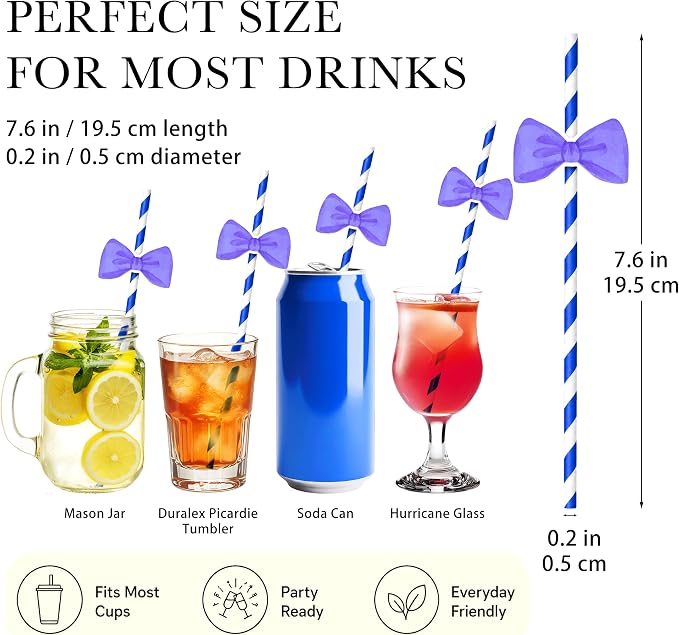 Bow Tie Themed Drinking Straws – 50 Pcs Disposable Purple Striped Party Straws - Image 2