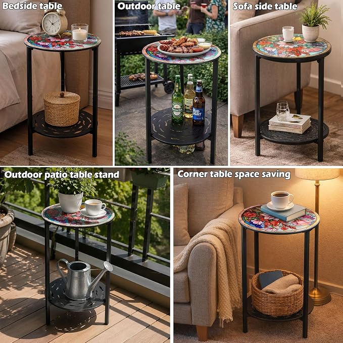 2-Tier Metal Round Side Table Accent Coffee Tables Small Space Corner Plant - Image 6