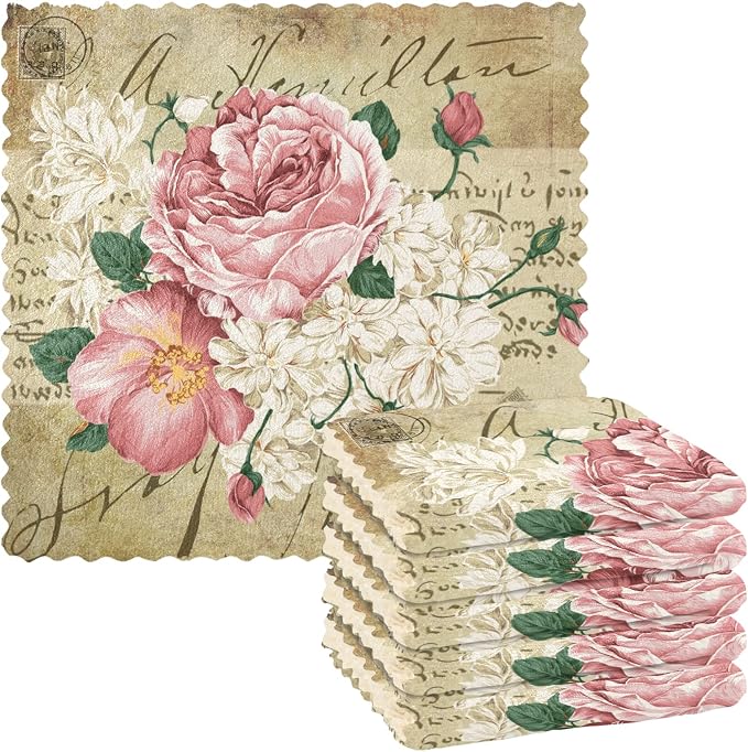 ALAZA Dish Towels Kitchen Cleaning Cloths Vintage Shabby Chic Pink Rose Floral by ALAZA
