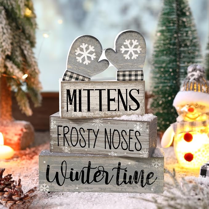 Lineshading 4 Pcs Winter Table Decorations Wooden Mittens Decor Winter Tiered - Image 2