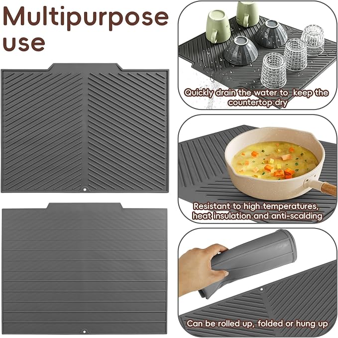 Silicone Dish Drying Mat with Drain Lip 17” x 13”, Heat-Resistant Sloped Sink - Image 7