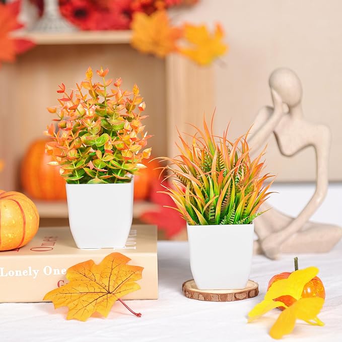 Der Rose 2 Pack Small Fall Fake Plants Mini Artificial Potted Plants Fall Table - Image 2