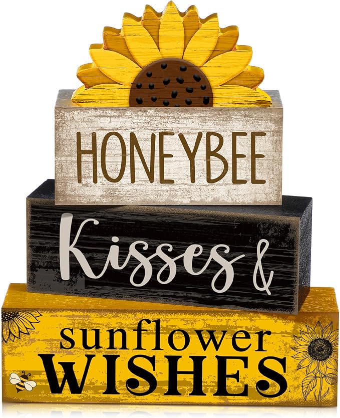 Lineshading 4 Pcs Summer Table Decor Wooden Sunflower Tiered Tray Decor Rustic by Lineshading