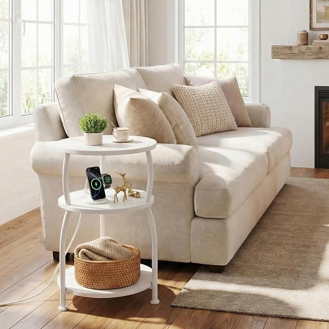Round Side Table with Power Outlet & USB Ports, 3-Tier End Table with Storage - Image 2