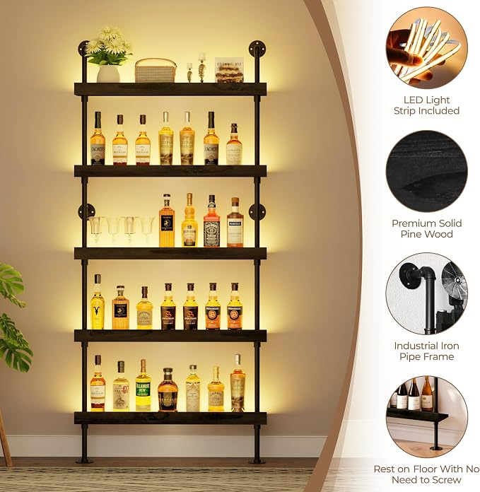 Wall Mounted Wine Rack with LED Light, LED Industrial Pipe Liquor Bar Shelves - Image 2