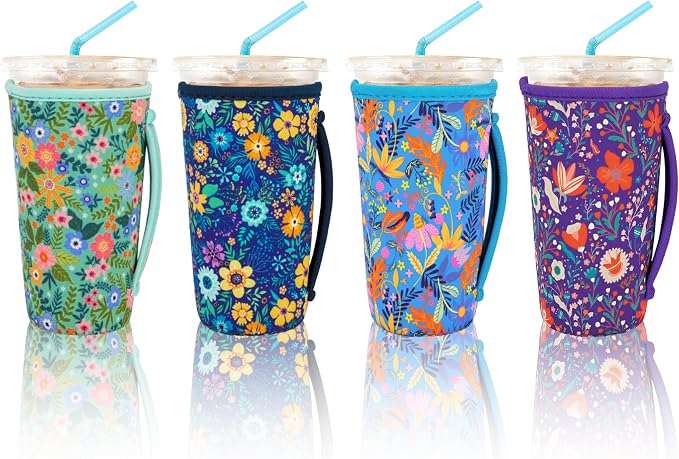4 Pack Iced Coffee Sleeve, reusable Neoprene Cup Sleeves Suitable by KJQJLY