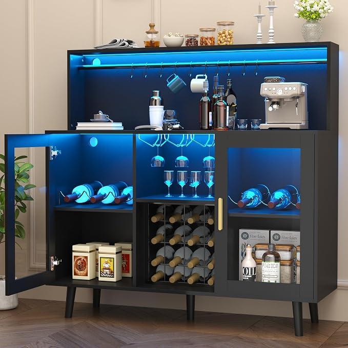 TITIMO Wine Bar Cabinet with LED Light, Coffee Cabinet with Wine Rack and Glass by TITIMO