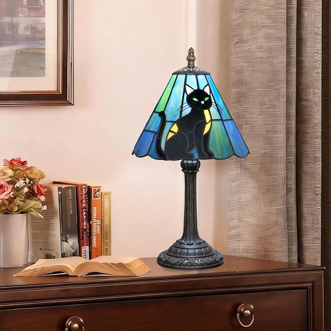 Tiffany Lamp Stained Glass Table Lamp 8X8X14 Inches Black Cat Style Living Room - Image 6